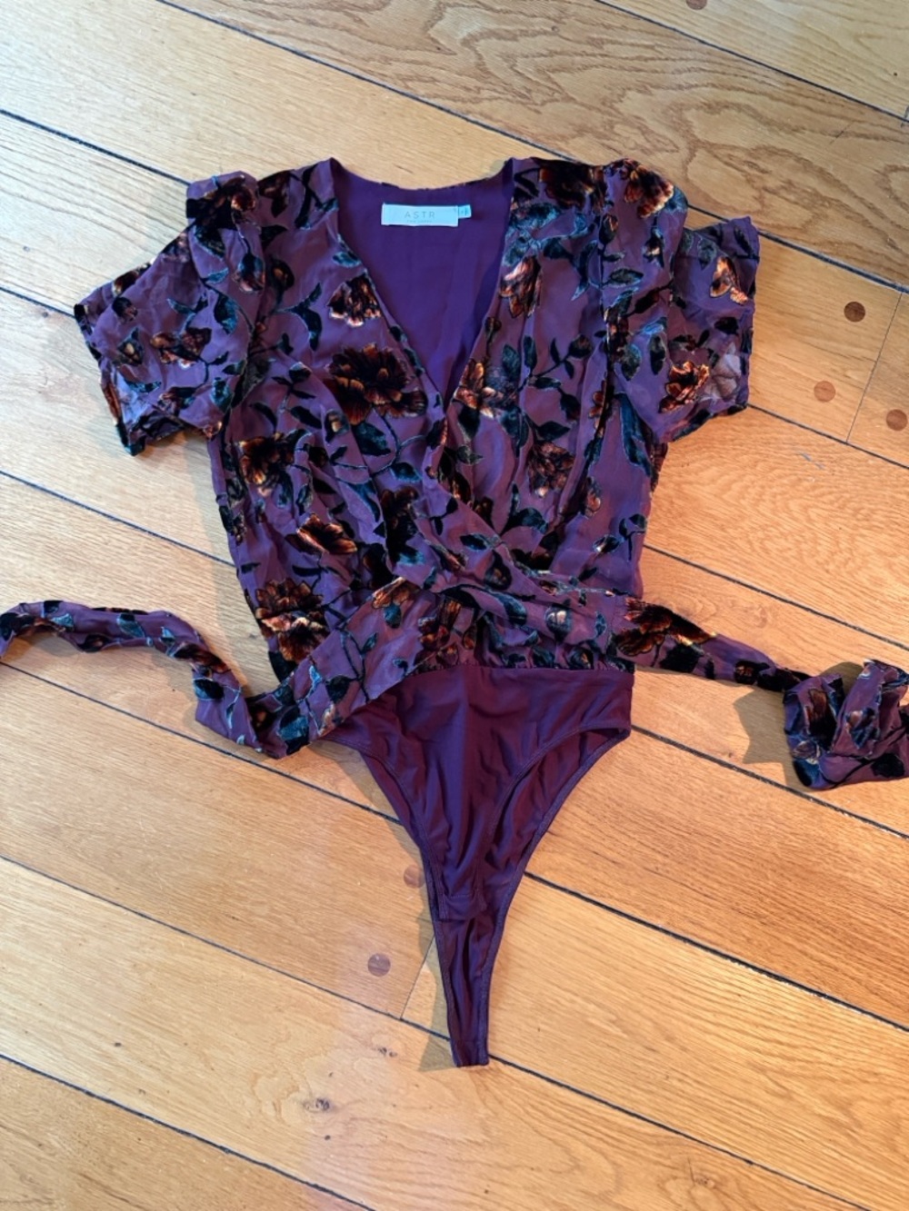 Astr Floral Wrap Bodysuit in Plum with Black & Gold Velvet Accents
